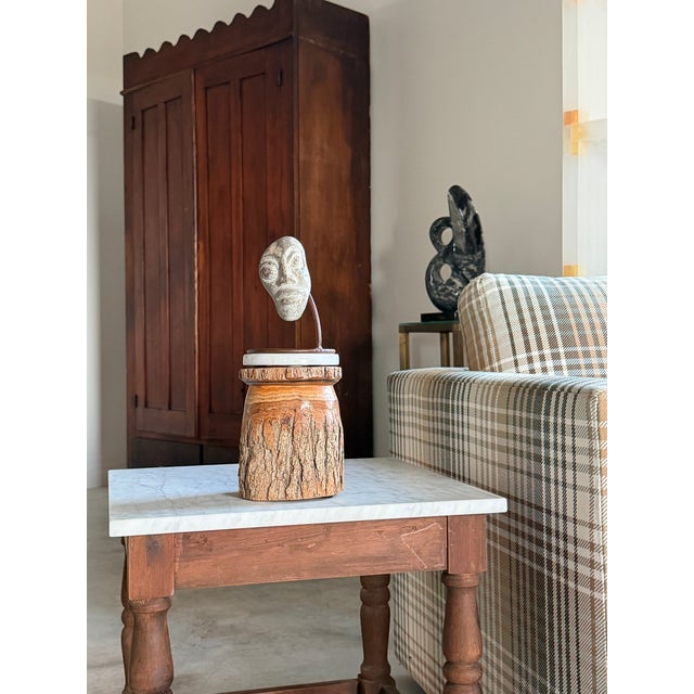 Surrealist Carved Stone Face Sculpture Steel Base Tribal Style Raw Wood Pedestal For Sale - Image 6 of 17