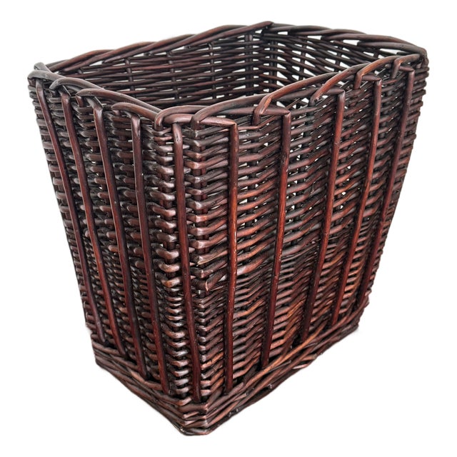 Late 20th Century Dark Brown Woven Wicker Waste Basket For Sale