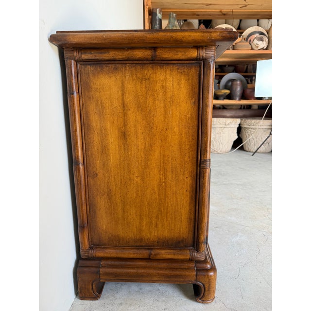 Vintage Chinese Faux Bamboo Two-Drawer Nightstand With Bronze Bamboo Relief Panels For Sale - Image 9 of 12