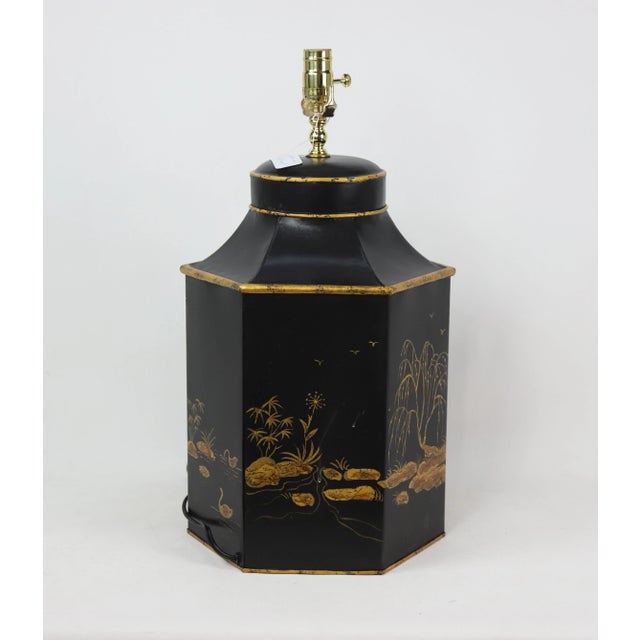 Vintage English Export Hexagonal Tea Caddy No.1 With Amber Pavilion on a Black Backdrop, Hand Drawn Table Lamp, Retro Lamp For Sale - Image 4 of 12