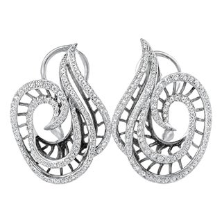 Mid 20th Century 18k White Gold Italian Designer Odelia Diamond Swirl French Clip Earrings, Pair For Sale