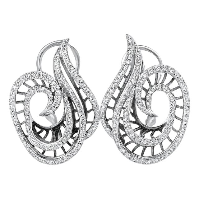 Mid 20th Century 18k White Gold Italian Designer Odelia Diamond Swirl French Clip Earrings, Pair For Sale