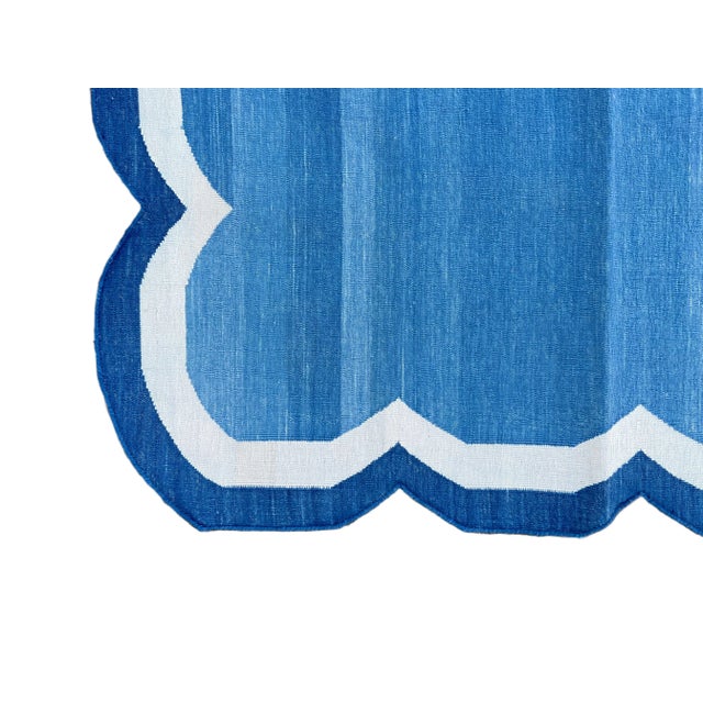 Handmade Cotton Area Scalloped Rug Blue, Cream, Indigo Blue Border Dhurrie - 5'x8' For Sale - Image 10 of 11