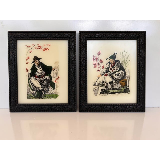 Pair of Vintage Chinoiserie Eglomise Reverse Glass Paintings For Sale - Image 10 of 10