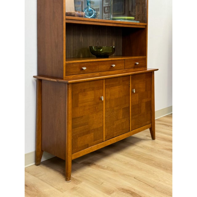 Mid 20th Century Vintage Hutch by Paine Furniture MCM China Cabinet, Parquet Doors, Glass Sliding For Sale - Image 5 of 18