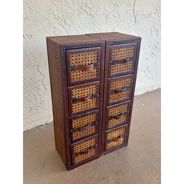 Pair Vintage Leather & Cane Four Drawer Apothecary Chests, 1980s For Sale In Miami - Image 6 of 8