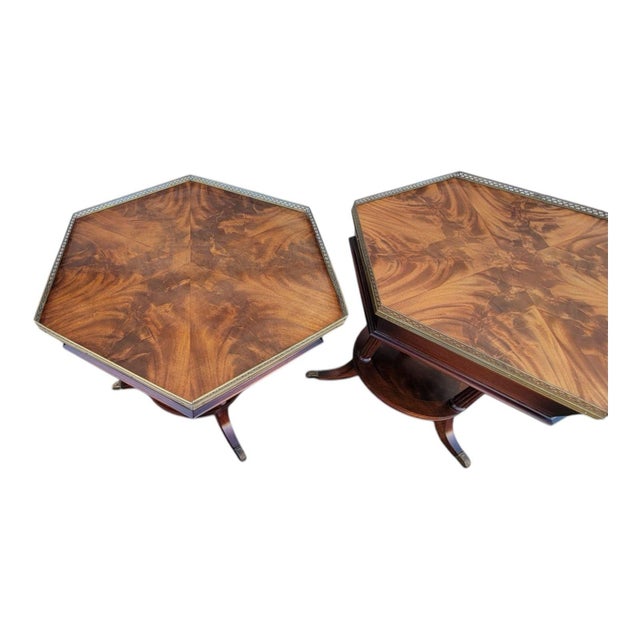 Wood Pair Regency English 1920s Mahogany End Tables Bookmatched Brass Gallery Trim For Sale - Image 7 of 12