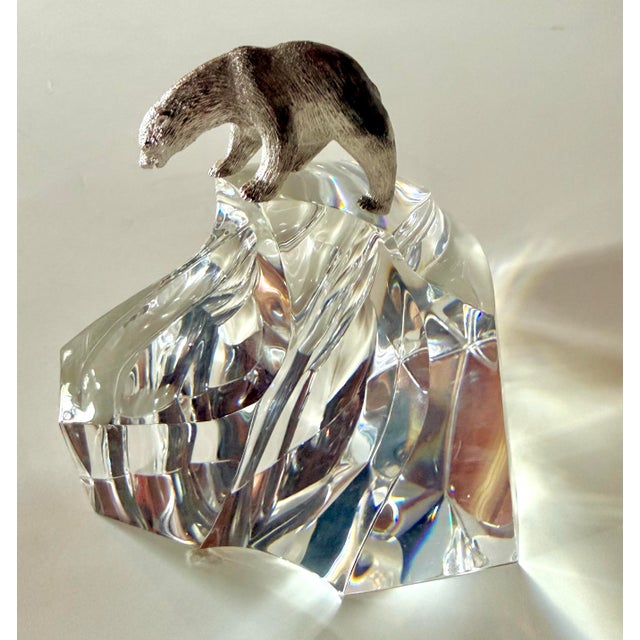 Late 20th Century Rare Steuben Ice Bear Crystal Sculpture Model #1022 James Houston Sterling Silver Polar Bear Iceberg Figurine For Sale - Image 5 of 6