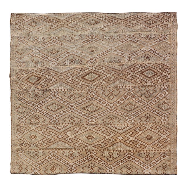 Geometric Pattern Turkish Vintage Flatweave Kilim Rug in Ivory and Brown For Sale