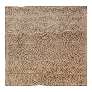 Geometric Pattern Turkish Vintage Flatweave Kilim Rug in Ivory and Brown