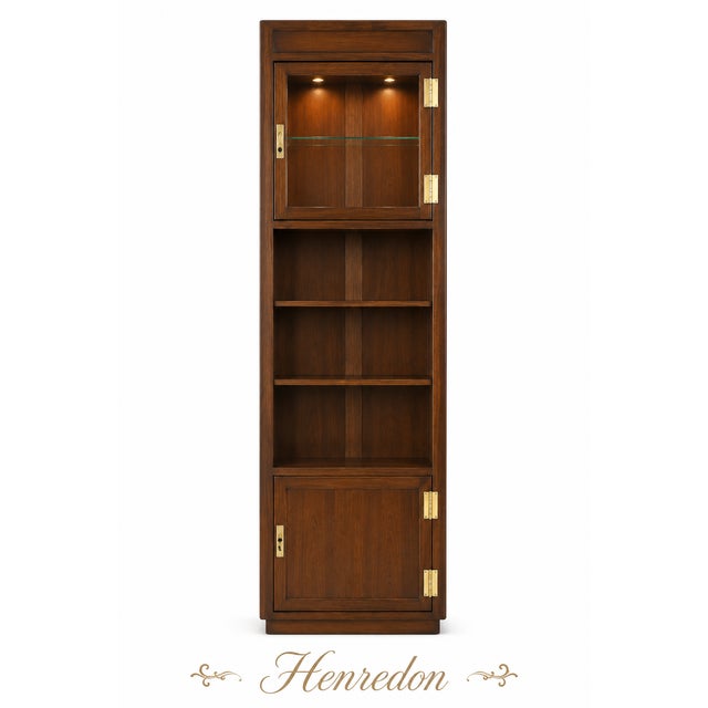 1970s 1970s Campaign Vintage Henredon Lighted Oak Corner Display Cabinet With Glass Door For Sale - Image 5 of 15