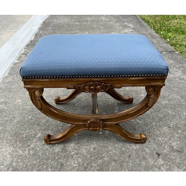 Empire Style Bench with Detailed Wood Legs and Nailhead Design .