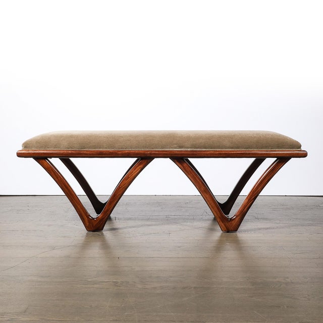 Italian Mid Century Modern Sculptural Graphic Walnut & Taupe Mohair Bench For Sale - Image 11 of 13