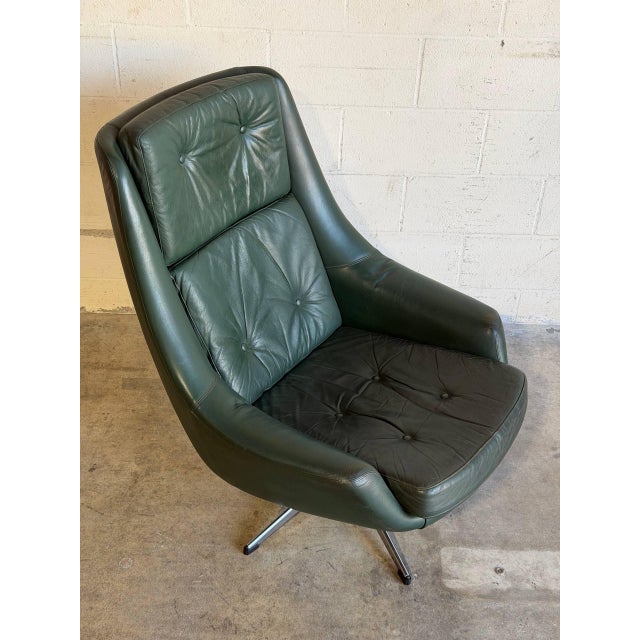 Animal Skin In Style of Hw Klein for Bramin Green Leather Swivel Lounge Chair Danish Mid-Century Modern 1960s For Sale - Image 7 of 10