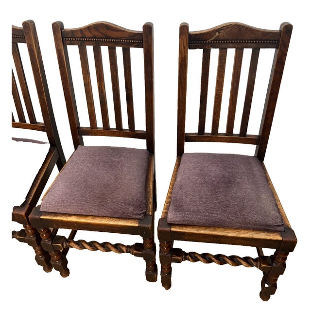 Arts & Crafts Antique Chairs Set of Four, Barley Twist Accent, Solid Oak, Lavender Seats For Sale - Image 3 of 11