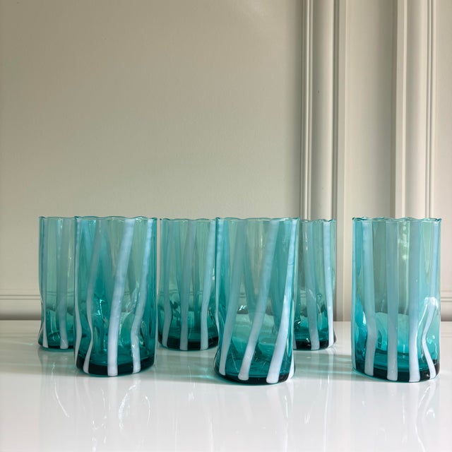 Contemporary Riviera Blue Striped Italian Murano Glass Tumbler Glasses With Scalloped Rim Set of 6 For Sale - Image 3 of 10