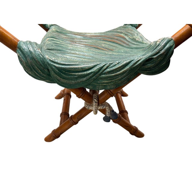 Traditional Vintage Faux Bois Draped Stool With Carved Bamboo X-Frame For Sale - Image 3 of 10