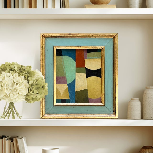 This is a new abstract color-block oil painting exploring colors and shapes. The oil painting is done on a hardboard...