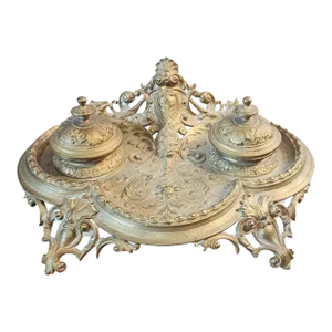 Antique Decorative Brass Victorian Desktop Double Inkwell, C1900