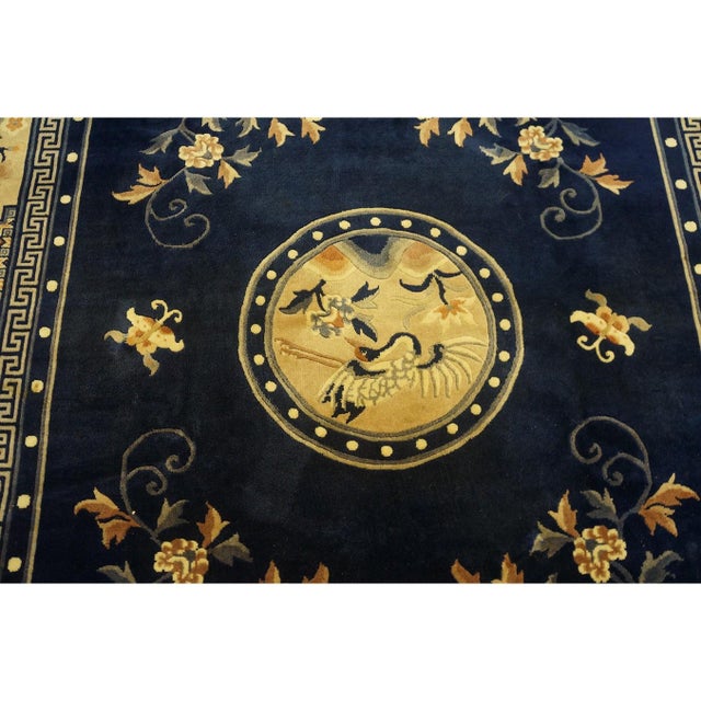 Navy Blue 1920s Navy Blue Birds Medallion Antique Chinese Peking Carpet Knotted Wool Rug For Sale - Image 8 of 11