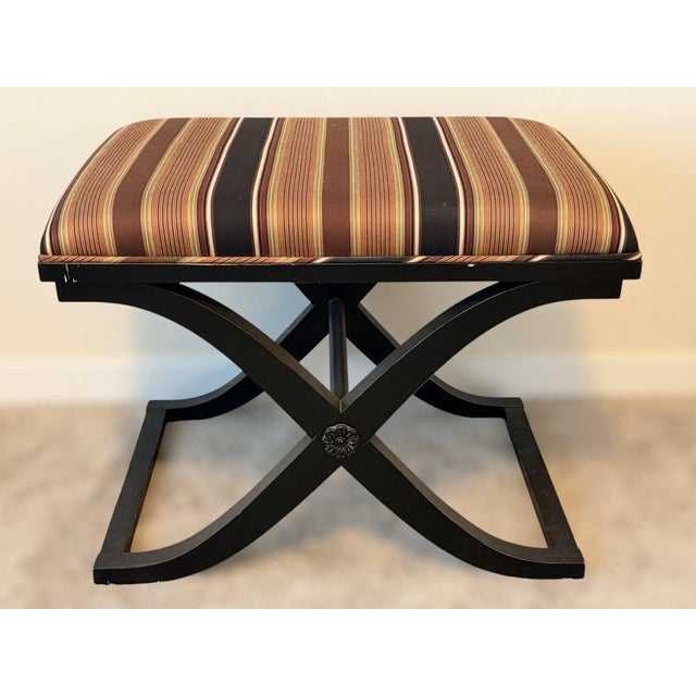 Rare Vintage Port 68 Ebonized Wood X-Leg Neoclassical Alex Stool With Striped Upholstery For Sale In Denver - Image 6 of 6
