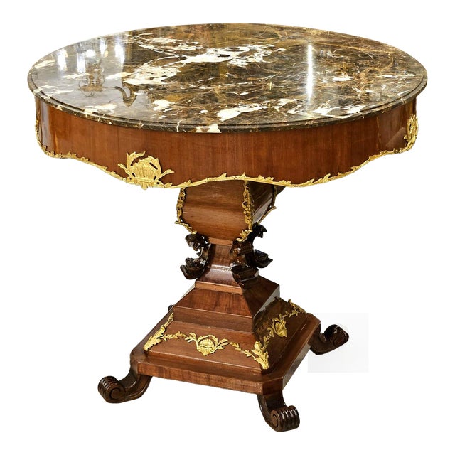 Round Marble Top Center Table With Hand-Carved Wood Pedestal & Gold Leaf Accents For Sale