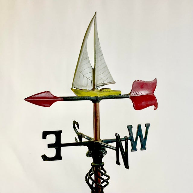 Ruby Red 1920s Antique Coastal Americana Folk Art Sailboat Weathervane on Pine Stand For Sale - Image 8 of 12