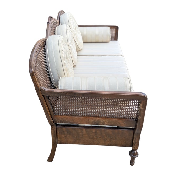 Late 20th Century French Provincial Cane Back Sofa With Striped Upholstery For Sale - Image 14 of 18