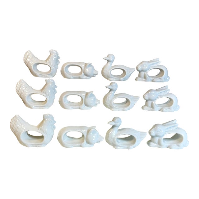 1970s Vintage French Blanc Porcelain Barn Yard Animal Napkin Rings - Set of 12 - Easter. For Sale