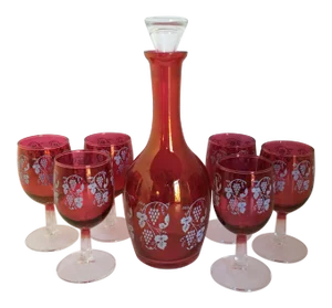 Vintage Opalescent Cranberry Red Port Decanter and 6 Glasses -Set of 7