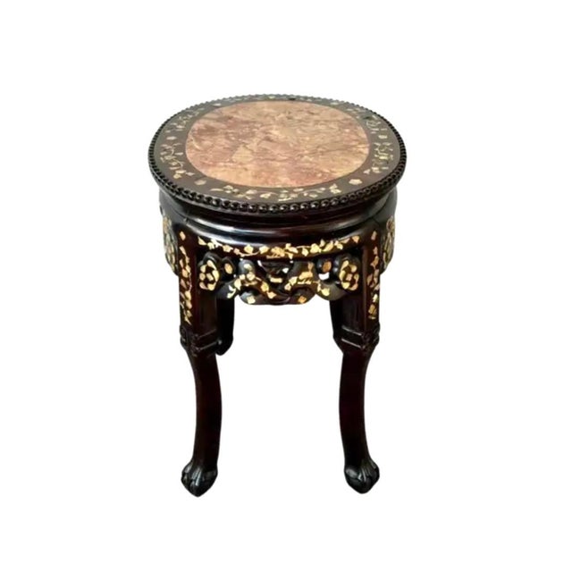 Early 20th Century Chinese Rosewood and Mother-of-Pearl Inlaid Marble Top Plant Stand For Sale - Image 5 of 16