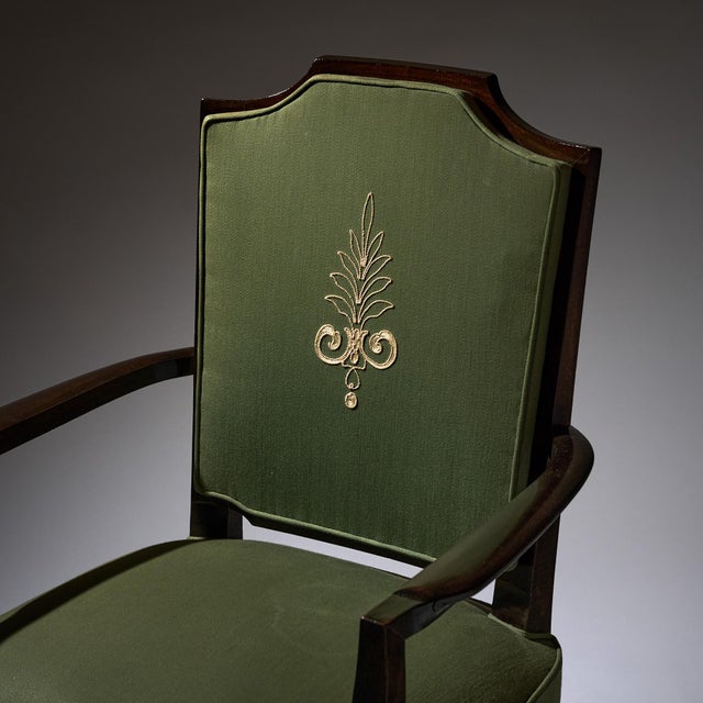 Set of Four French Art Deco Ebonized Wood and Green Upholstered Armchairs For Sale - Image 9 of 9