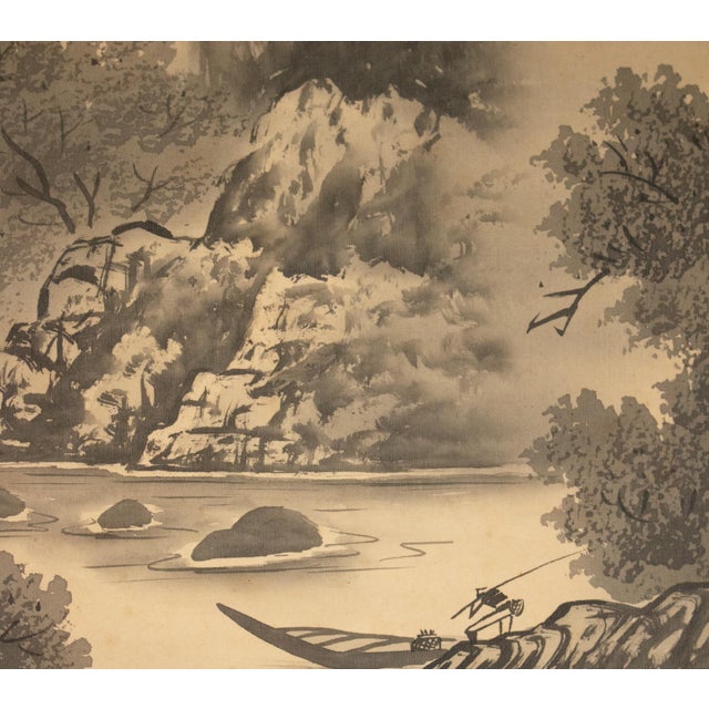 C. 1920 Taisho Era Japanese Silk Scroll Ink Landscape Painting For Sale - Image 9 of 18