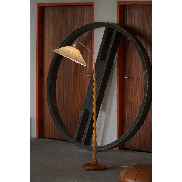 Wood Mid-Century Swedish Floor Lamp with Turned Birch Base and Pleated Shade, 1940s For Sale - Image 7 of 18