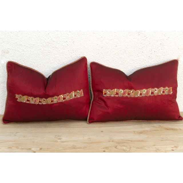 Rasa Red Pair of Zardozi Pillows For Sale - Image 4 of 8