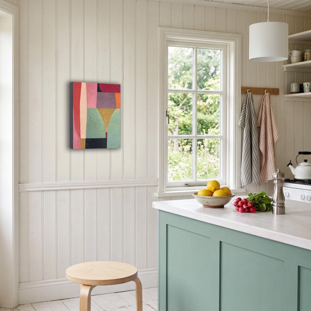 This is a playful, colorful abstract oil painting on a cradled birch panel. The painting explores colors and shapes with a...