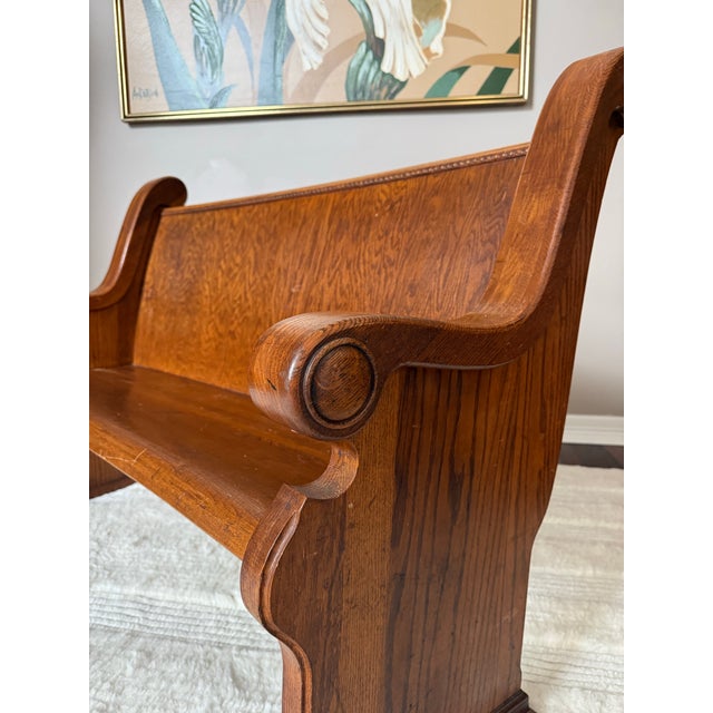 Antique Solid Mission Carved Oak Wood Church Pew Bench For Sale - Image 4 of 12