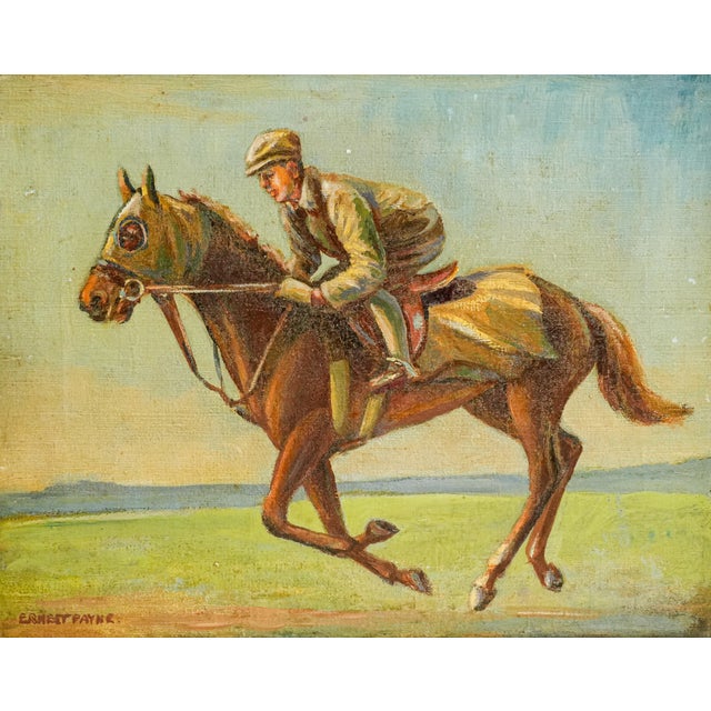 A spirited glimpse of English sporting life, this circa 1930 oil painting by Ernest Payne (1903–1994) captures a racehorse...