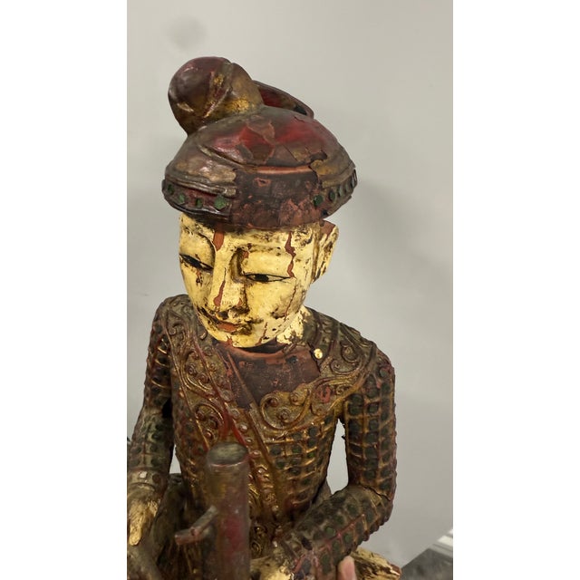 Mid 20th Century Hand-Carved Chinese Wooden Figural Sculpture of Seated Musician Holding Musical Instrument For Sale - Image 12 of 12