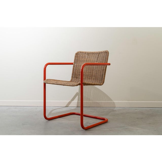 Textile Mid-Century French Orange Polychrome Tubular Steel Chair with Rush Seat, 1950s For Sale - Image 7 of 12
