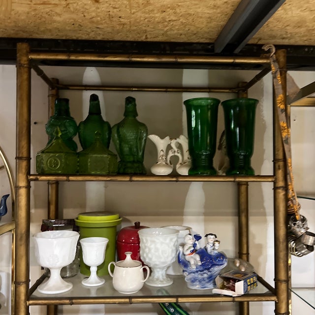 Boho Chic 1970s Brass Bamboo Style Bookcase With Glass Shelves For Sale - Image 3 of 6