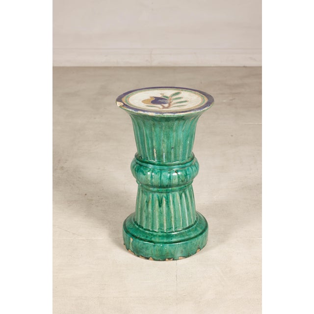 Green Antique Annamese Green Glazed Ceramic Pedestal with Floral Medallion For Sale - Image 8 of 12