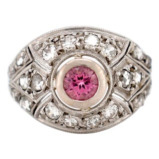 Antique Art Deco Platinum Ring - Pink Tourmaline & Diamonds - Circa 1920, Size 5 For Sale