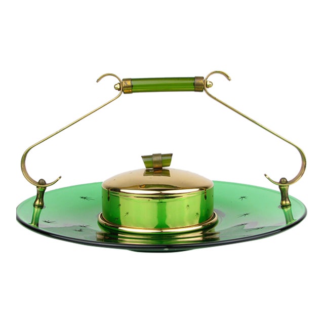 Vintage 1940s Paden City Emerald Glo Green Glass and Brass Tray or Serving Platter by National Silver Company For Sale