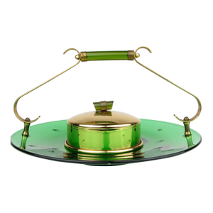 Vintage 1940s Paden City Emerald Glo Green Glass and Brass Tray or Serving Platter by National Silver Company