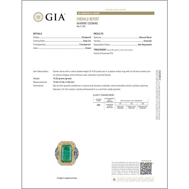 Metal Gia Certified Natural 12.80cts Emerald Sapphire Diamond 18k Solid Gold Cocktail Ring, Size 6 For Sale - Image 7 of 13