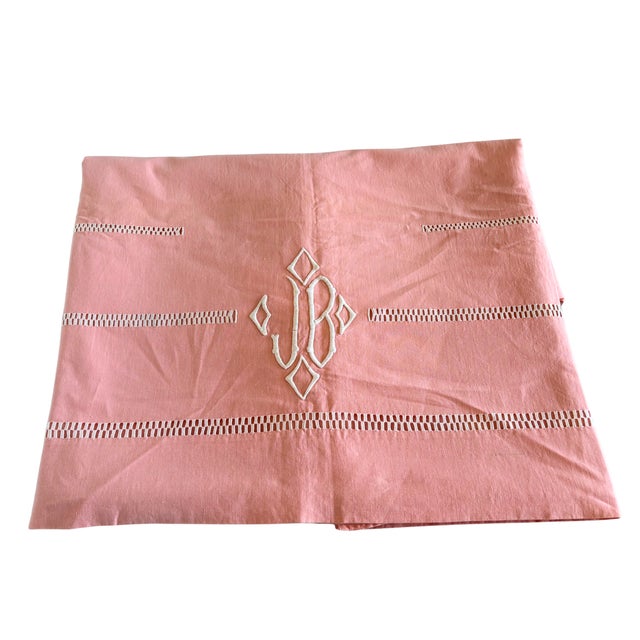 1930s Antique French Pink Wedding Trousseau King Size Linen Sheet with Drawn-Thread Work and Monogram, 1930s For Sale - Image 5 of 5