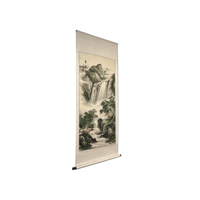 Green Chinese Oriental Ink Brush Water Mountain Scenery Scroll Painting For Sale - Image 8 of 11