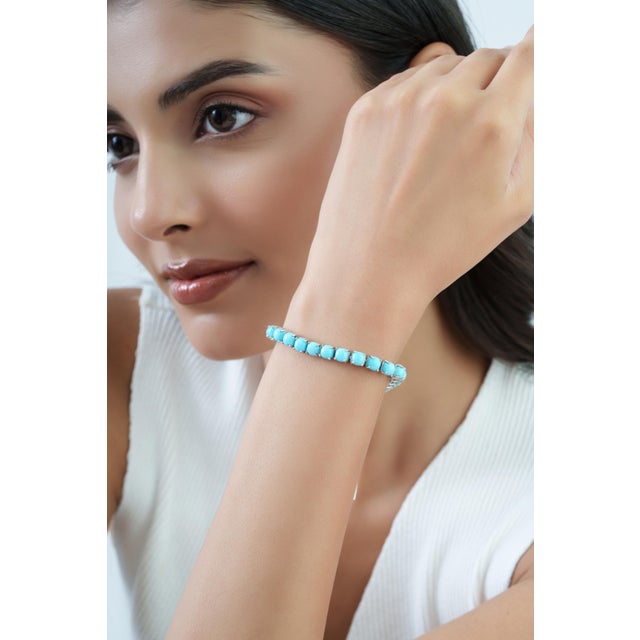 Cushion Cut 18.1 Ct Turquoise Prong Set Tennis Bracelet in 925 Sterling Silver For Sale - Image 4 of 12