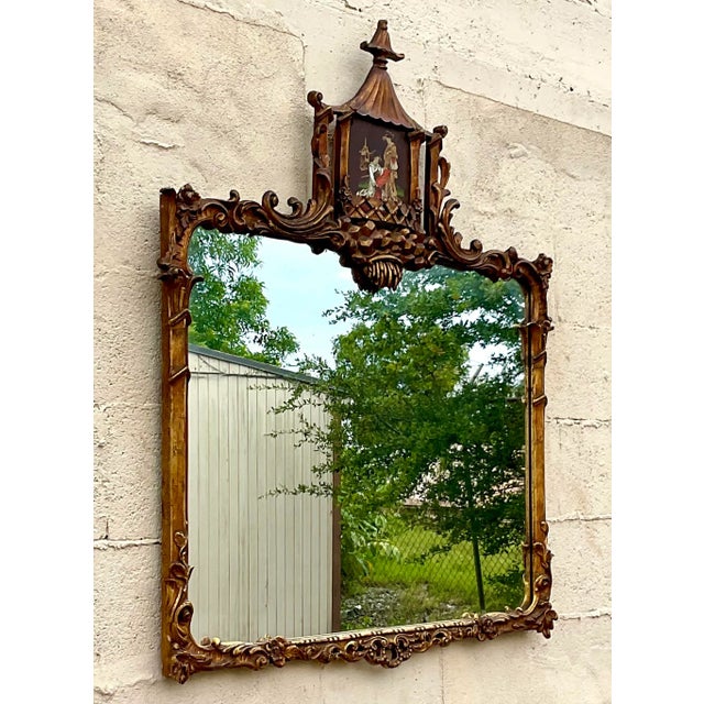 Glass Vintage Regency Hand Carved Gilt Pagoda Mirror For Sale - Image 7 of 9